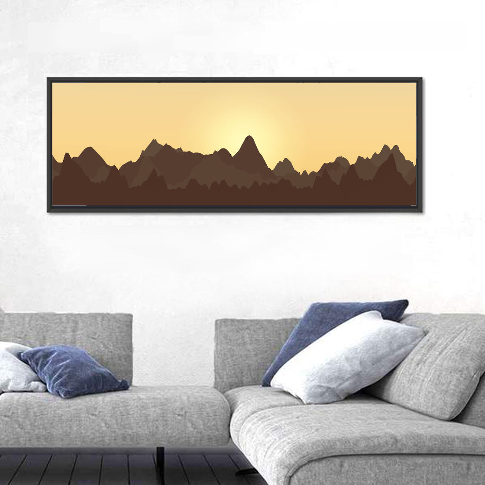 Sunset Mountain Silhouettes Wall Art in a room, panoramic