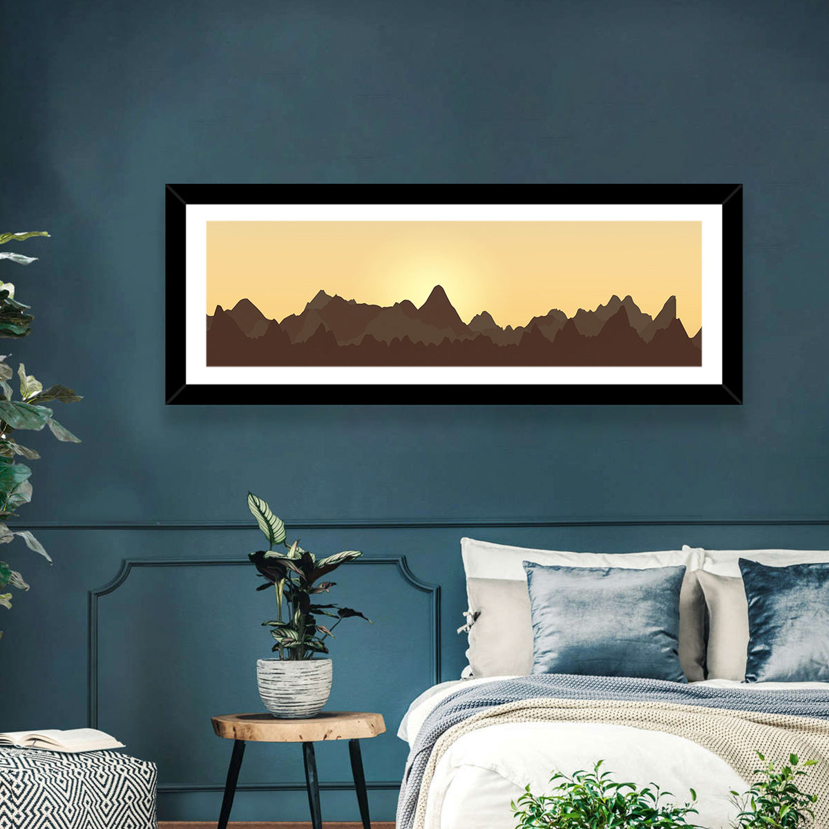 Sunset Mountain Silhouettes Wall Art in a room, panoramic