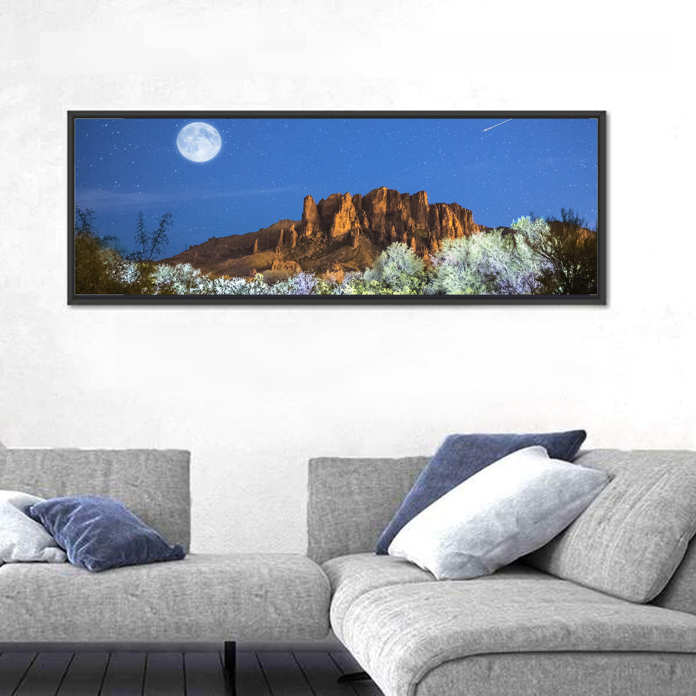 Moonlit Superstition Mountains Arizona Wall Art in a room, panoramic