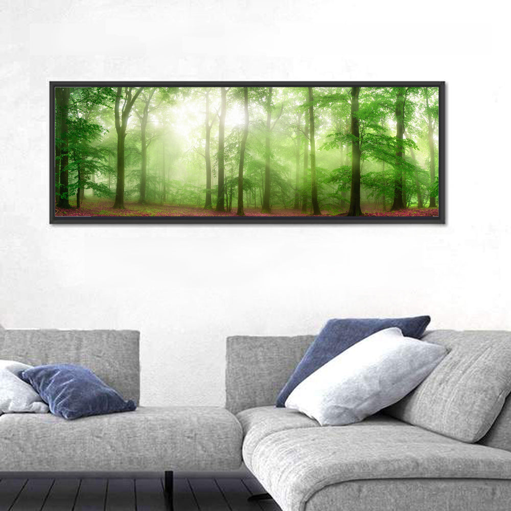 Sunlit Misty Forest Wall Art in a room, panoramic