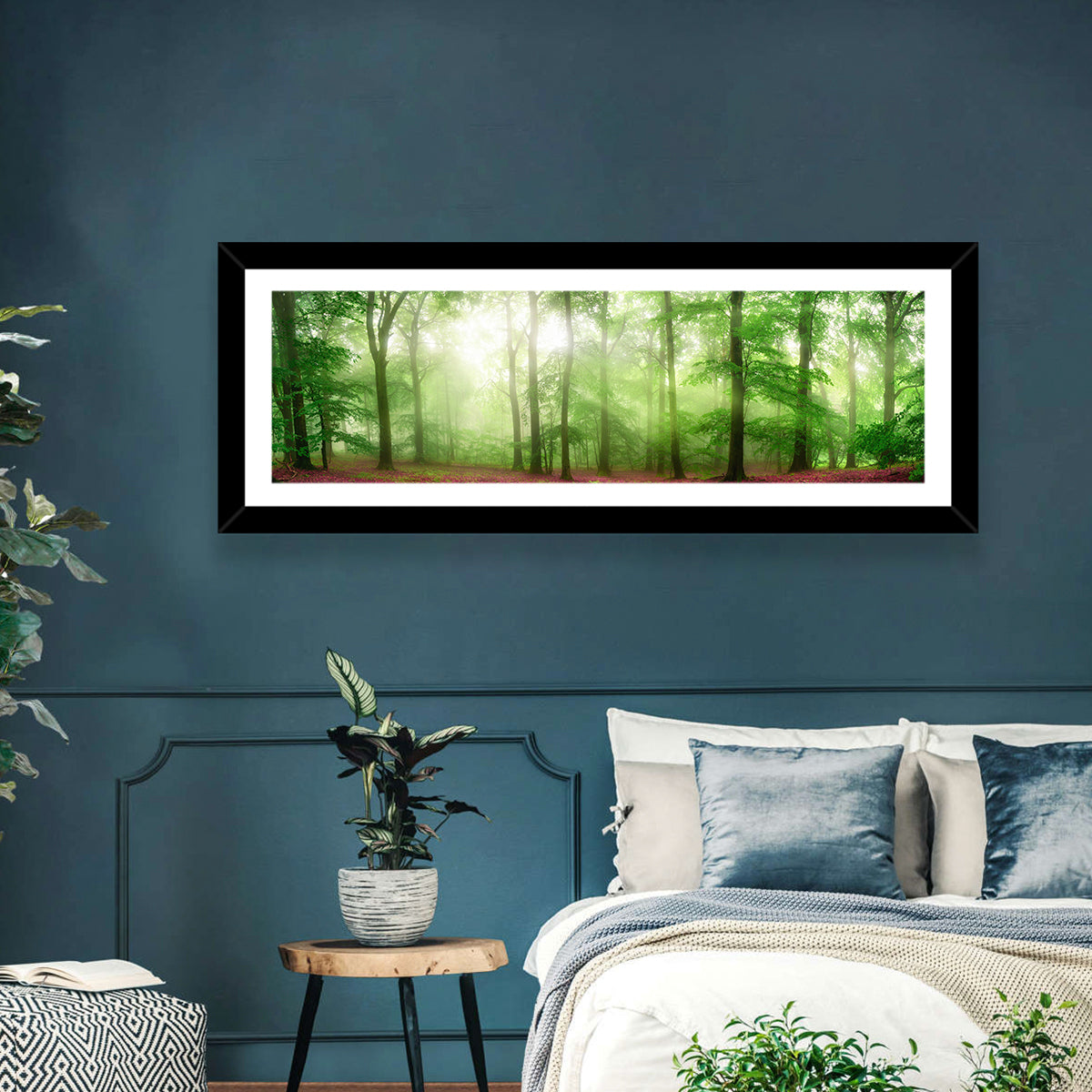Sunlit Misty Forest Wall Art in a room, panoramic