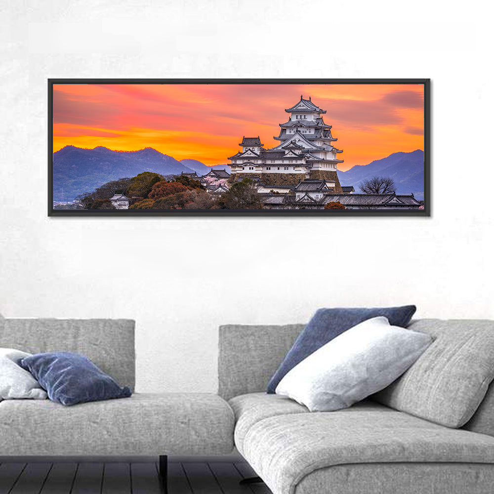 Himeji Castle at Sunrise Wall Art in a room, panoramic