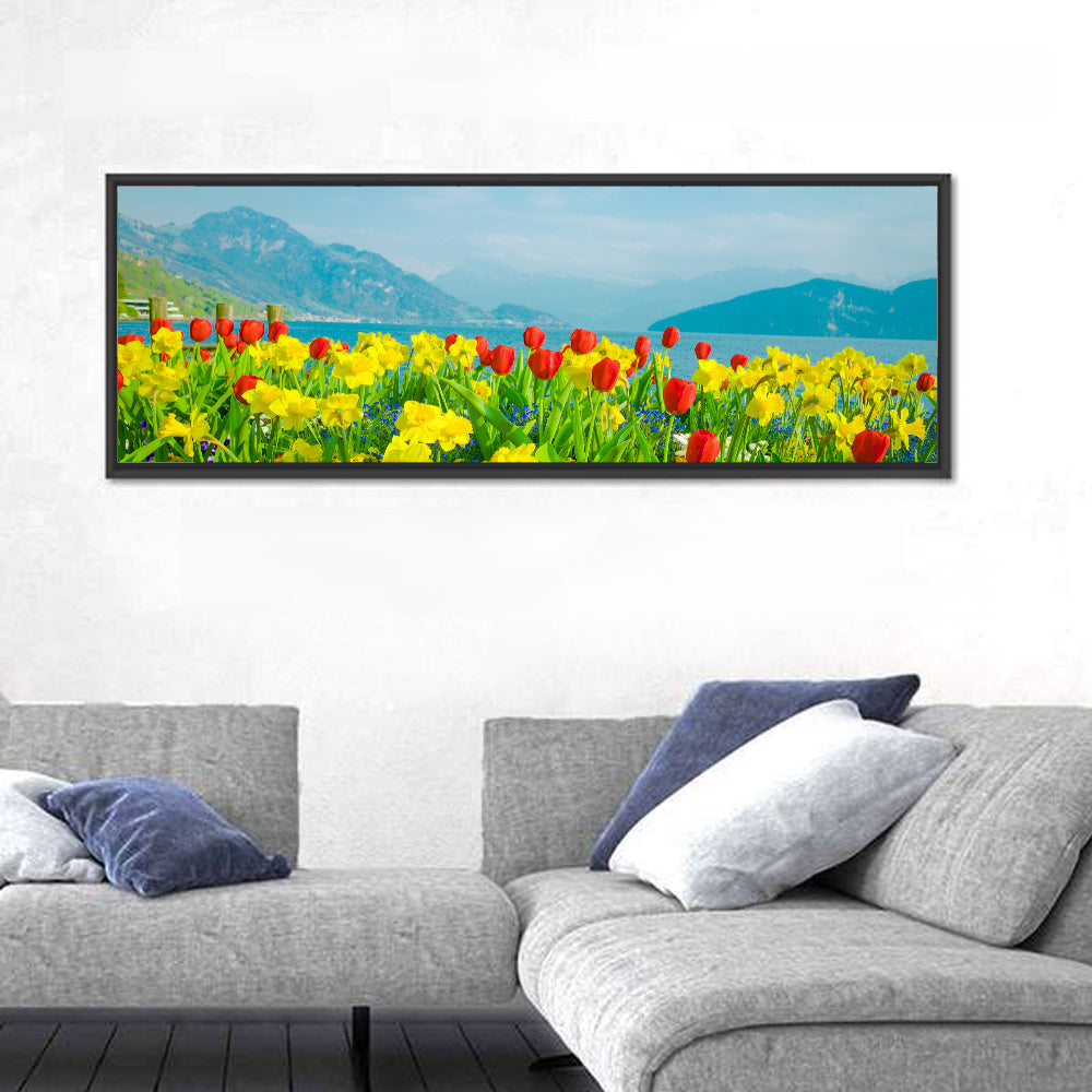 Lake Lucerne Daffodils Wall Art in a room, panoramic