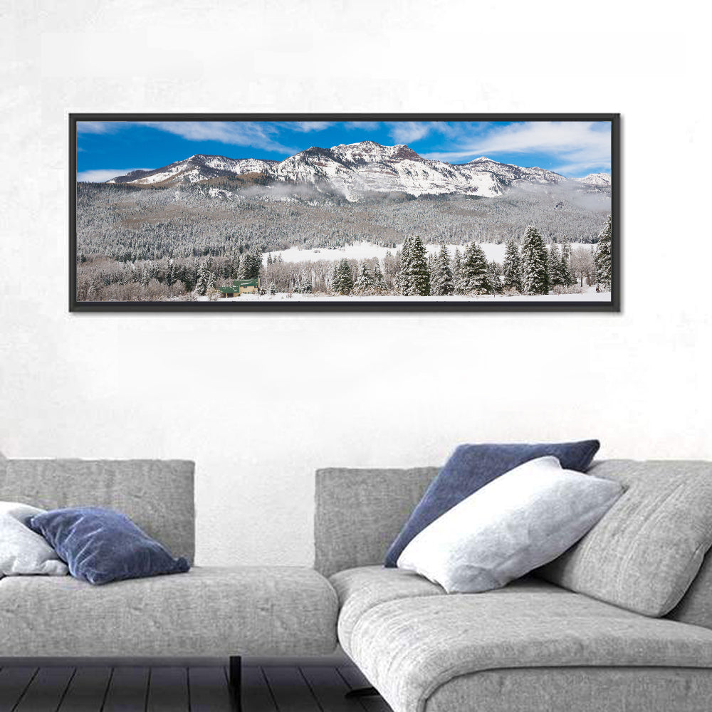 Colorado Snowy Mountain Cabin Wall Art in a room, panoramic