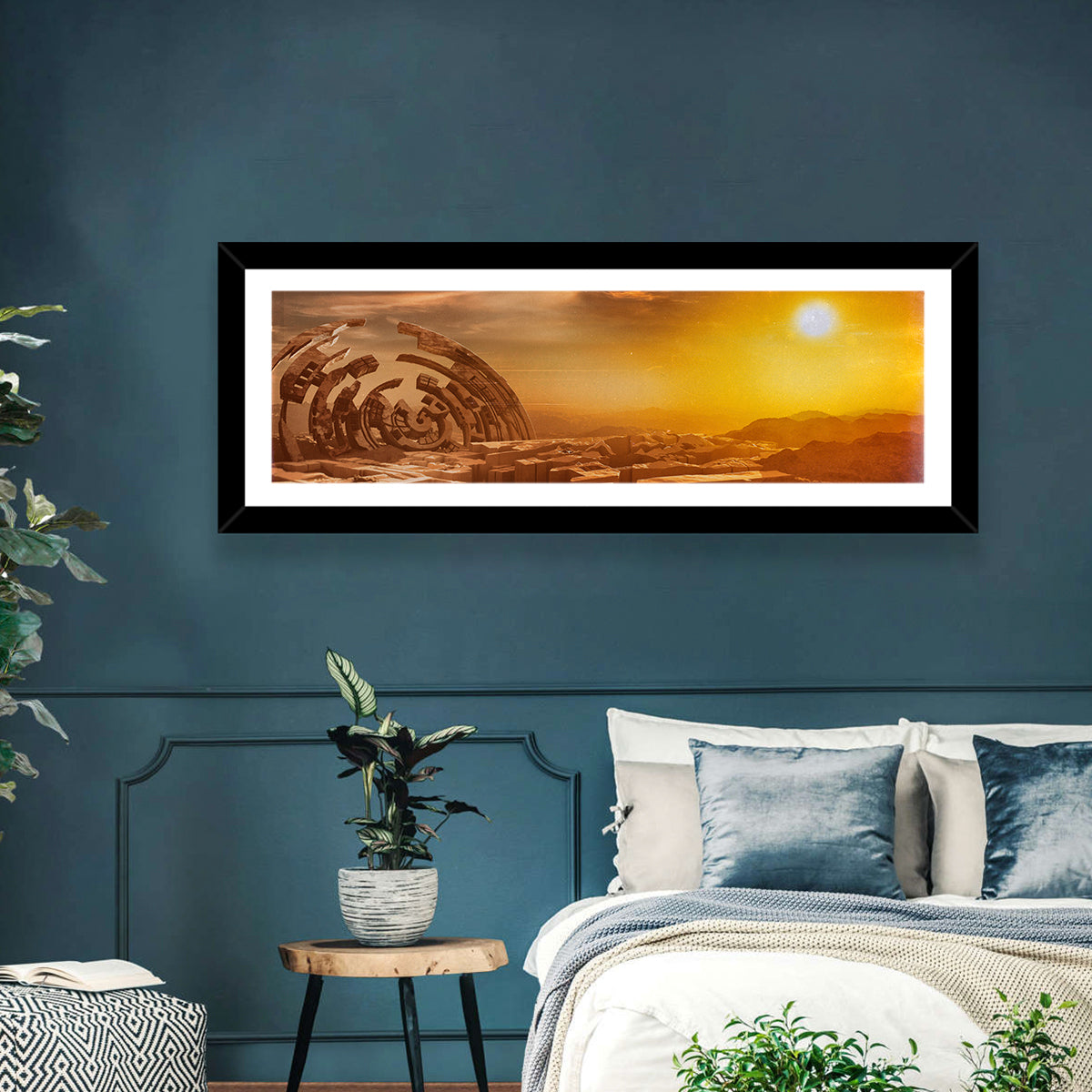 Deserted Alien Planet at Dusk Wall Art in a room, panoramic