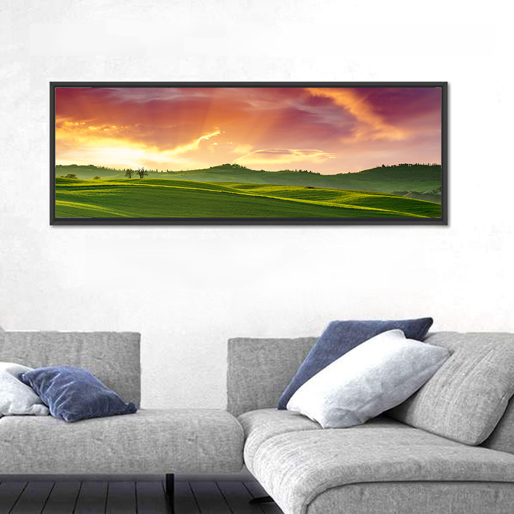 Tuscany Rolling Hills Sunset Wall Art in a room, panoramic