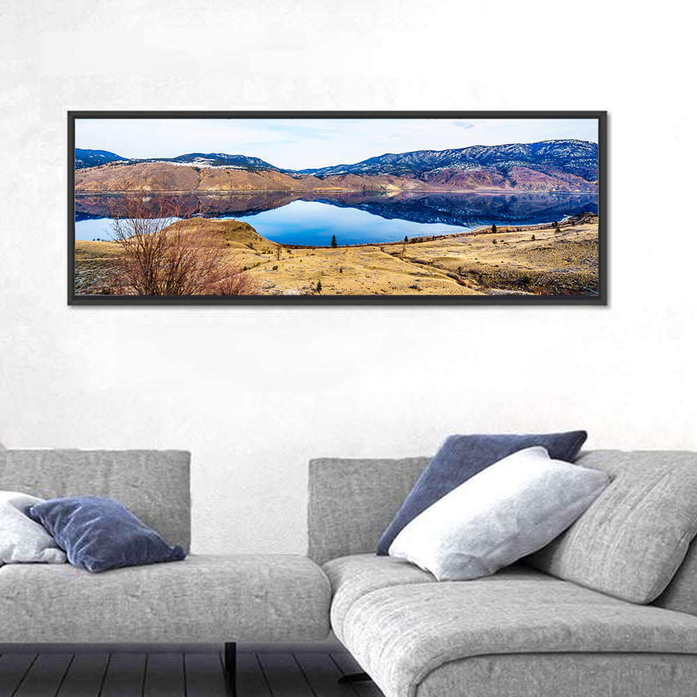 Kamloops Lake Winter Reflection Wall Art in a room, panoramic