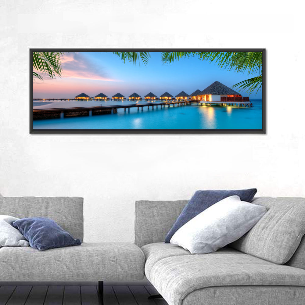 Overwater Bungalows at Twilight Wall Art in a room, panoramic