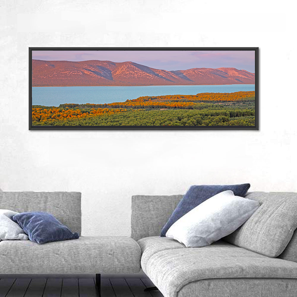 Lake Vrana Golden Hour Wall Art in a room, panoramic