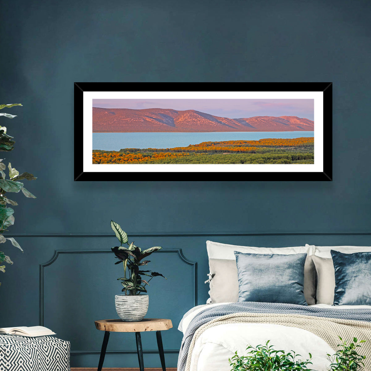 Lake Vrana Golden Hour Wall Art in a room, panoramic