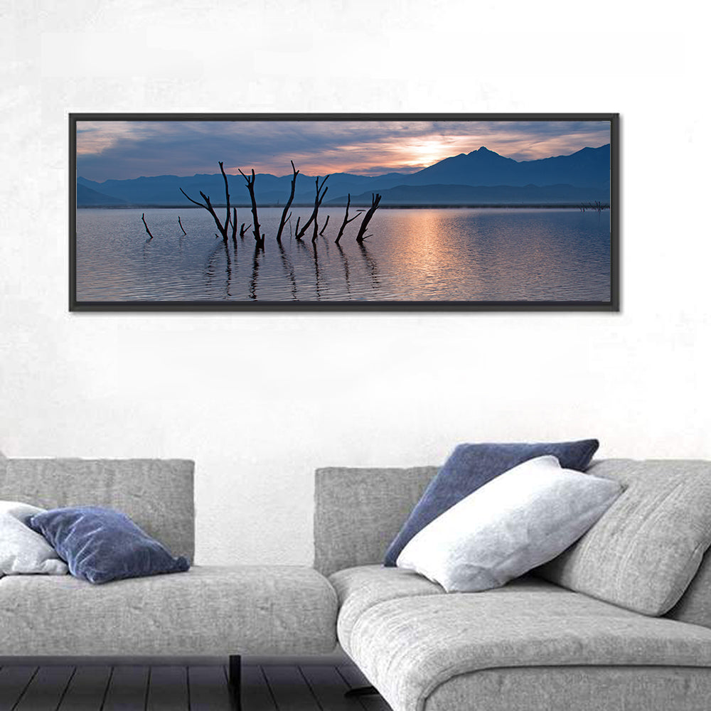 Lake Isabella Sunrise Reflection Wall Art in a room, panoramic