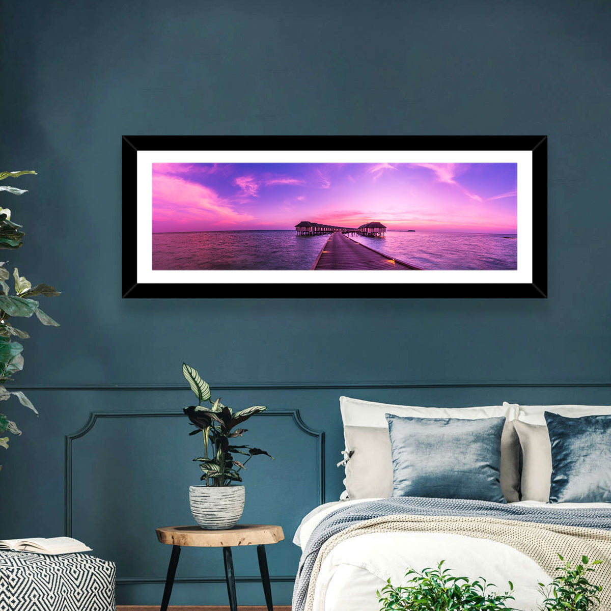 Sunset Pier Overwater Bungalows Wall Art in a room, panoramic
