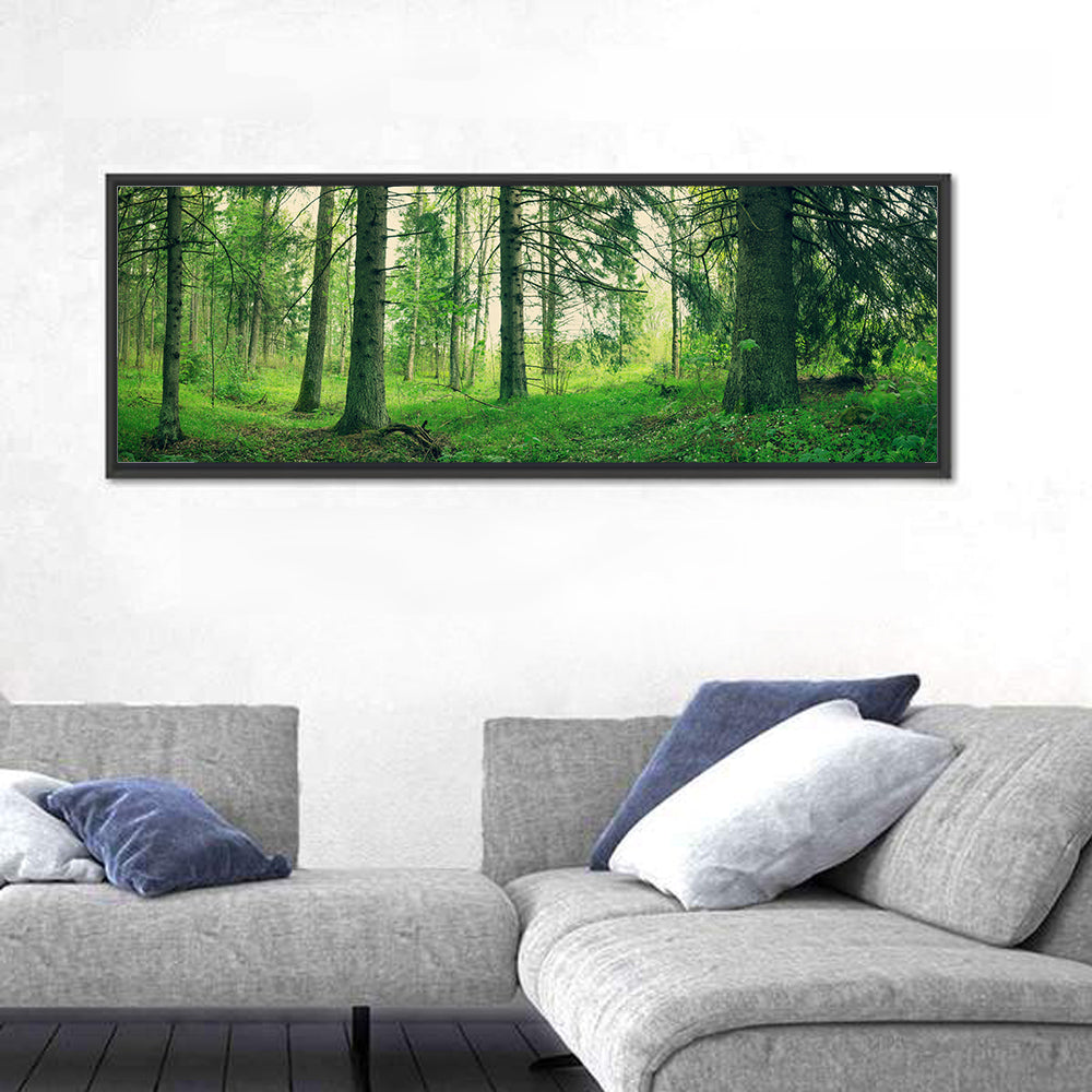 Verdant Forest Interior Wall Art in a room, panoramic