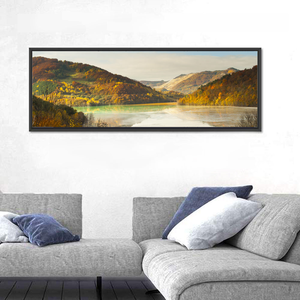 Bright Green Tailings Lake Wall Art in a room, panoramic