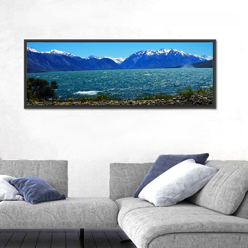 Lake Ohau Snow Peaks Wall Art in a room, panoramic