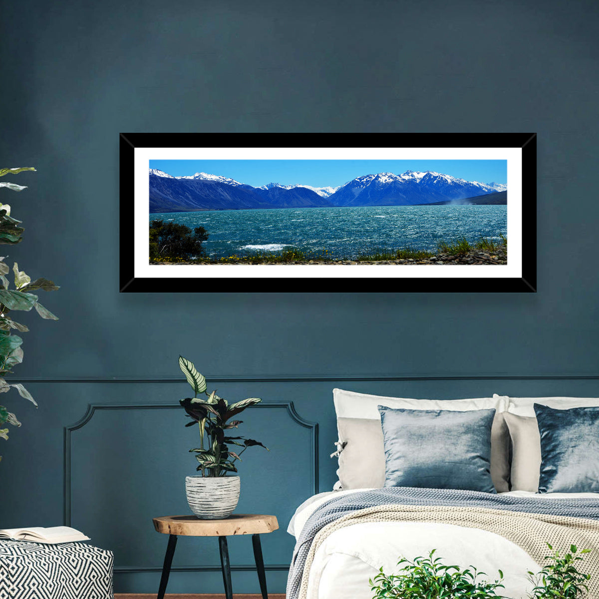 Lake Ohau Snow Peaks Wall Art in a room, panoramic