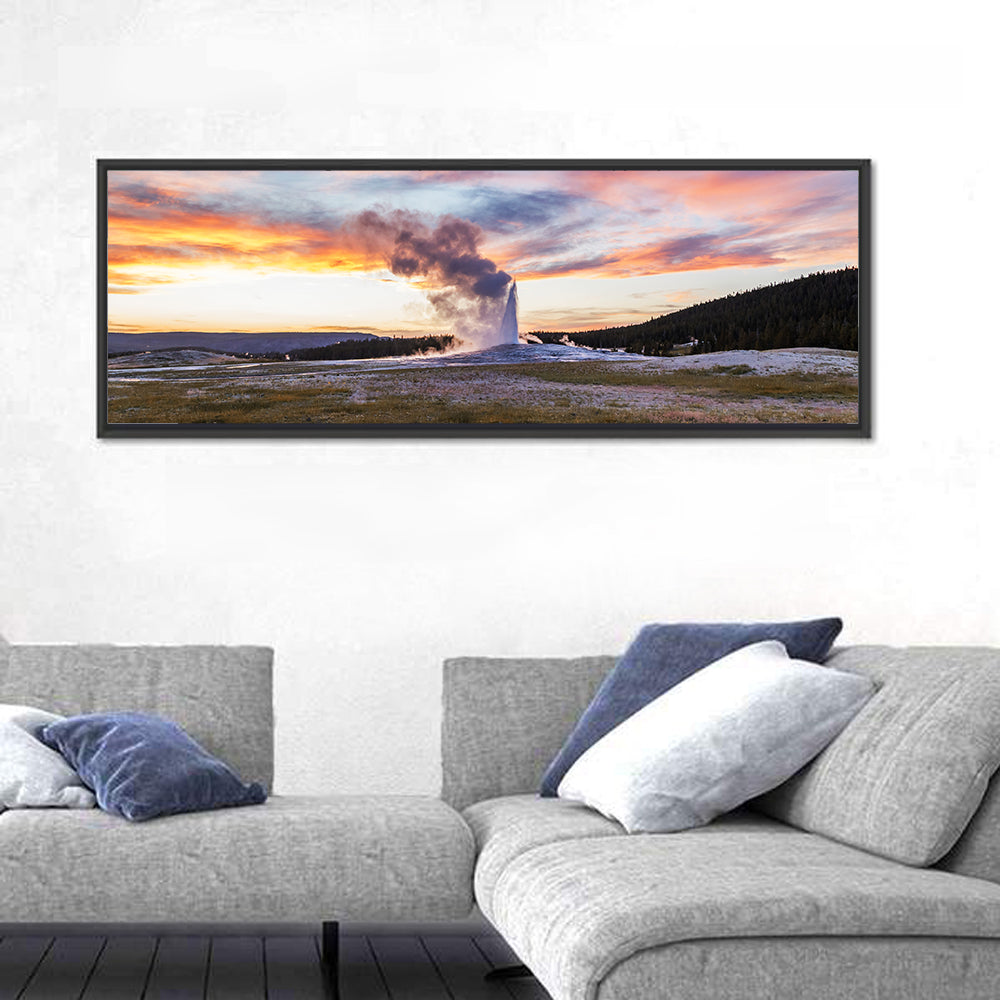 Old Faithful Erupting at Sunset Wall Art in a room, panoramic