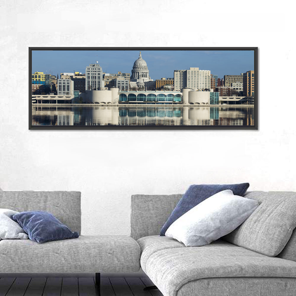 Madison Lake Monona Skyline Wall Art in a room, panoramic