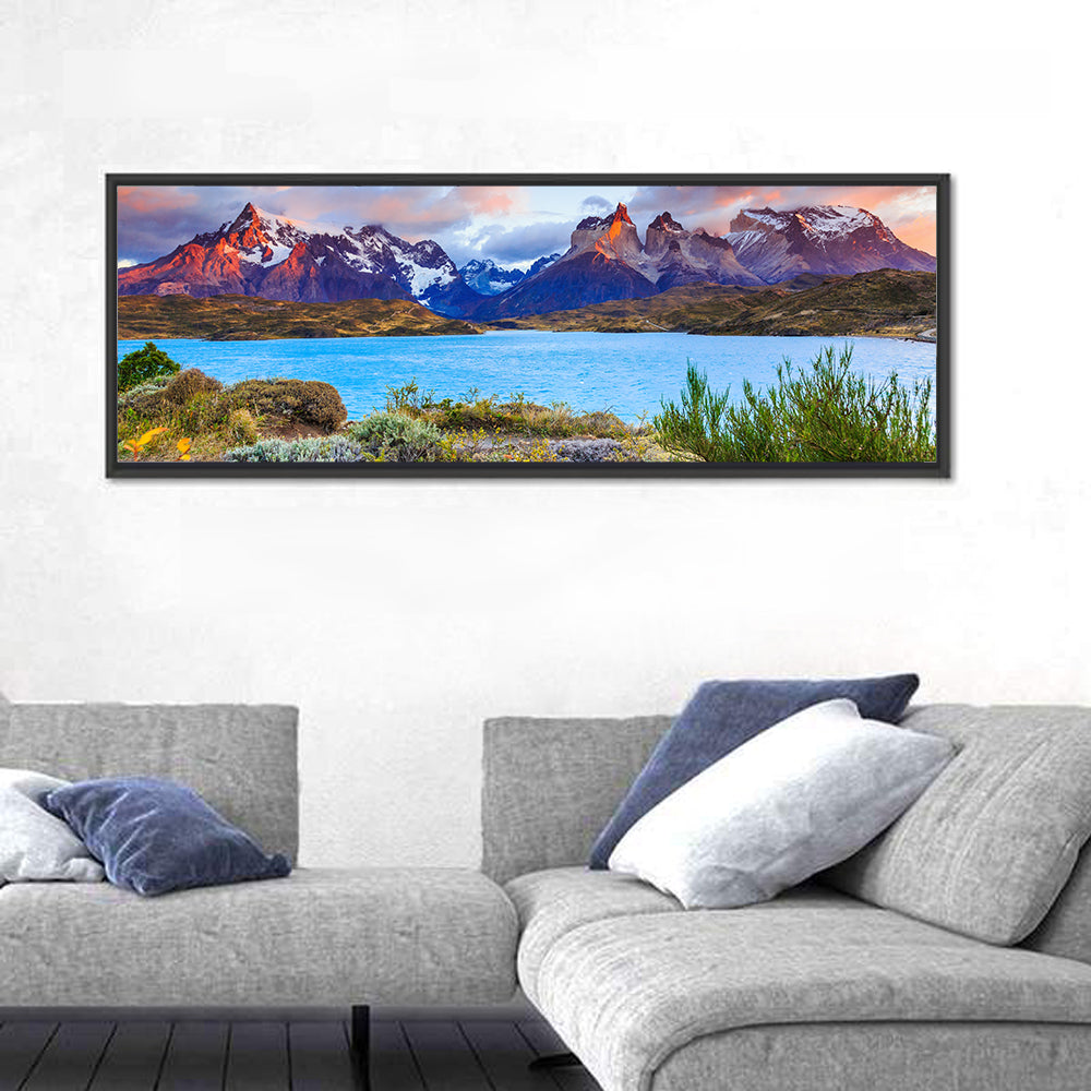 Lake Pehoe at Dawn Wall Art in a room, panoramic