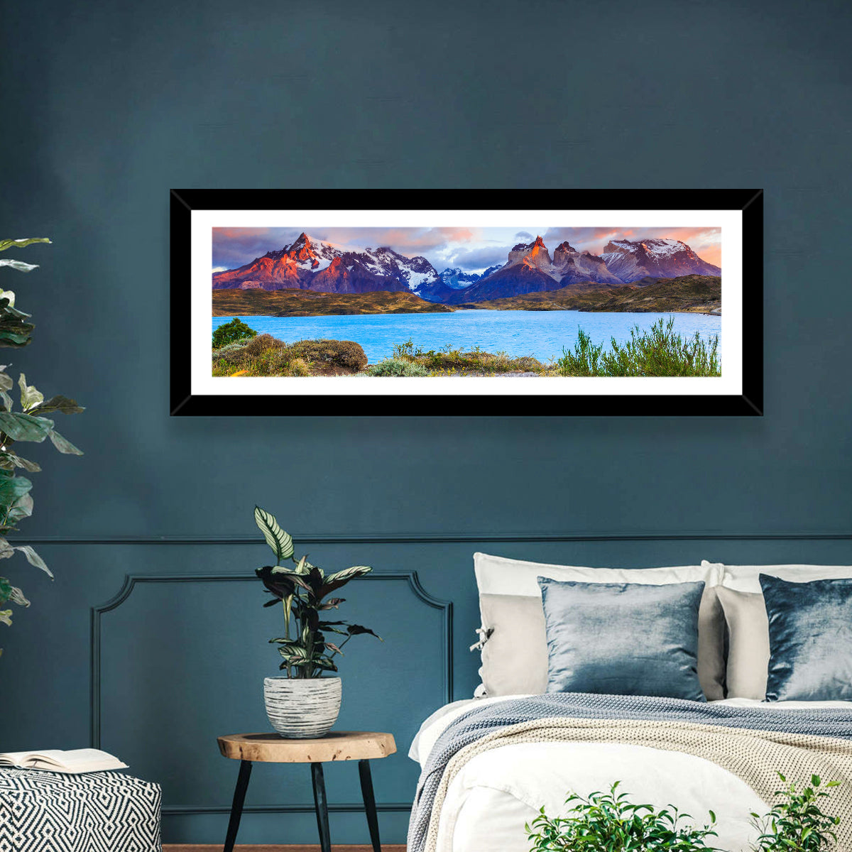Lake Pehoe at Dawn Wall Art in a room, panoramic