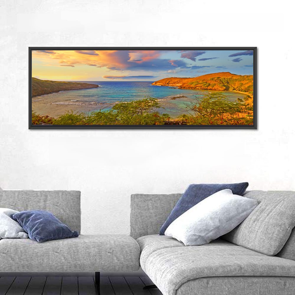 Hanauma Bay Golden Hour Wall Art in a room, panoramic