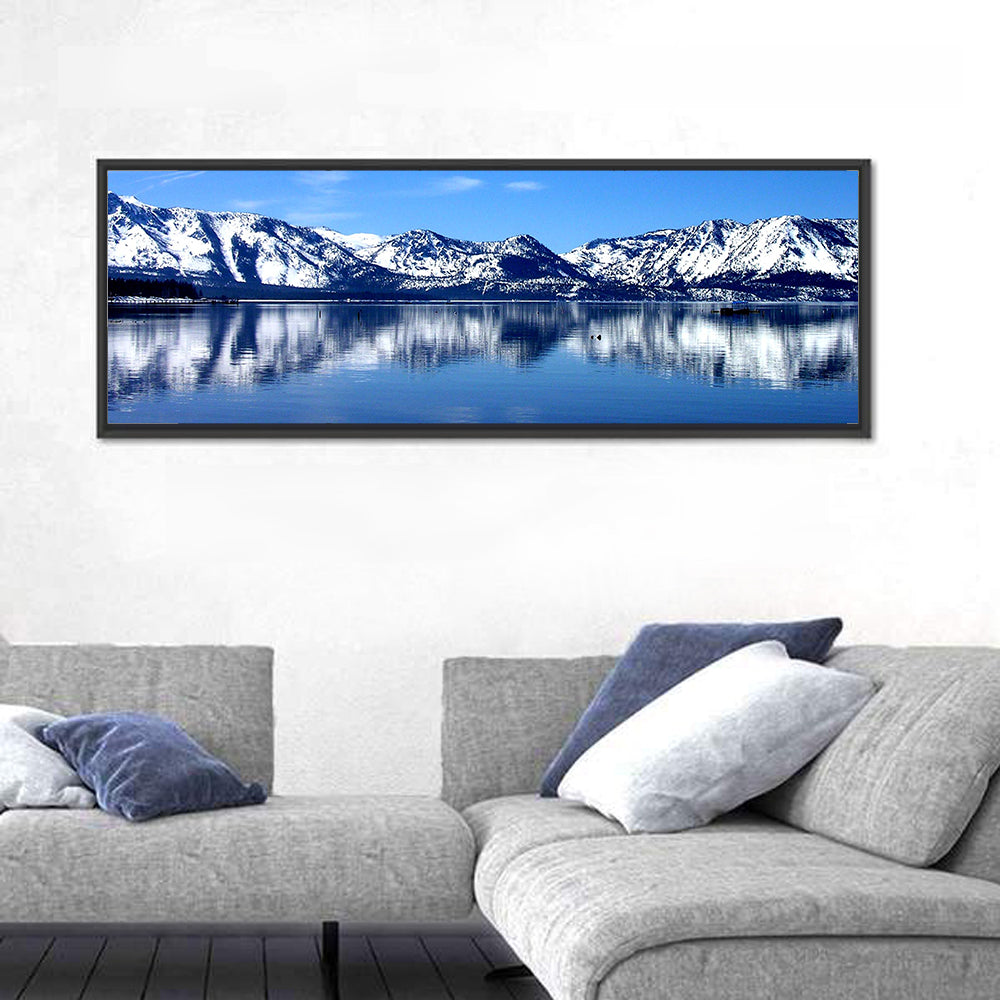 Lake Tahoe Mountain Reflection Wall Art in a room, panoramic