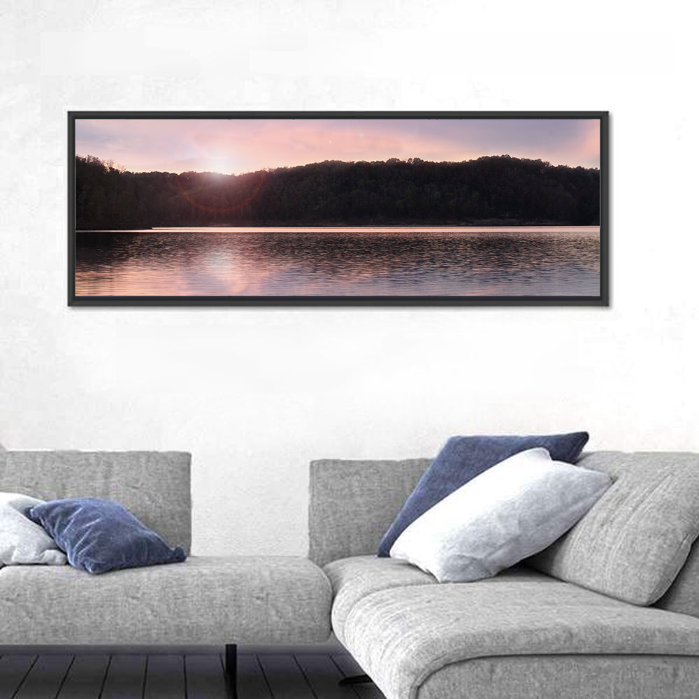 Lake Cumberland Sunset Wall Art in a room, panoramic
