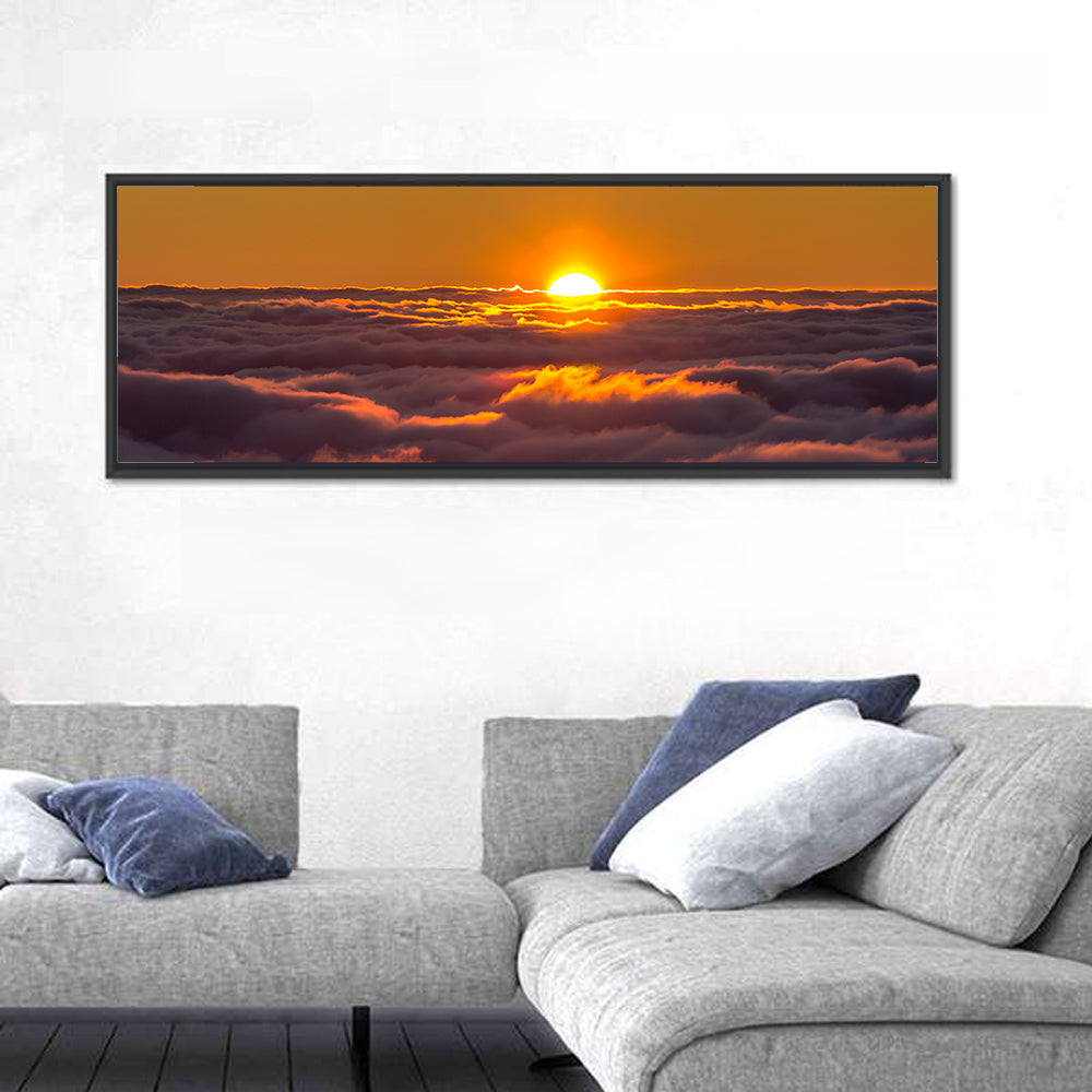 Sun Over Golden Clouds Wall Art in a room, panoramic
