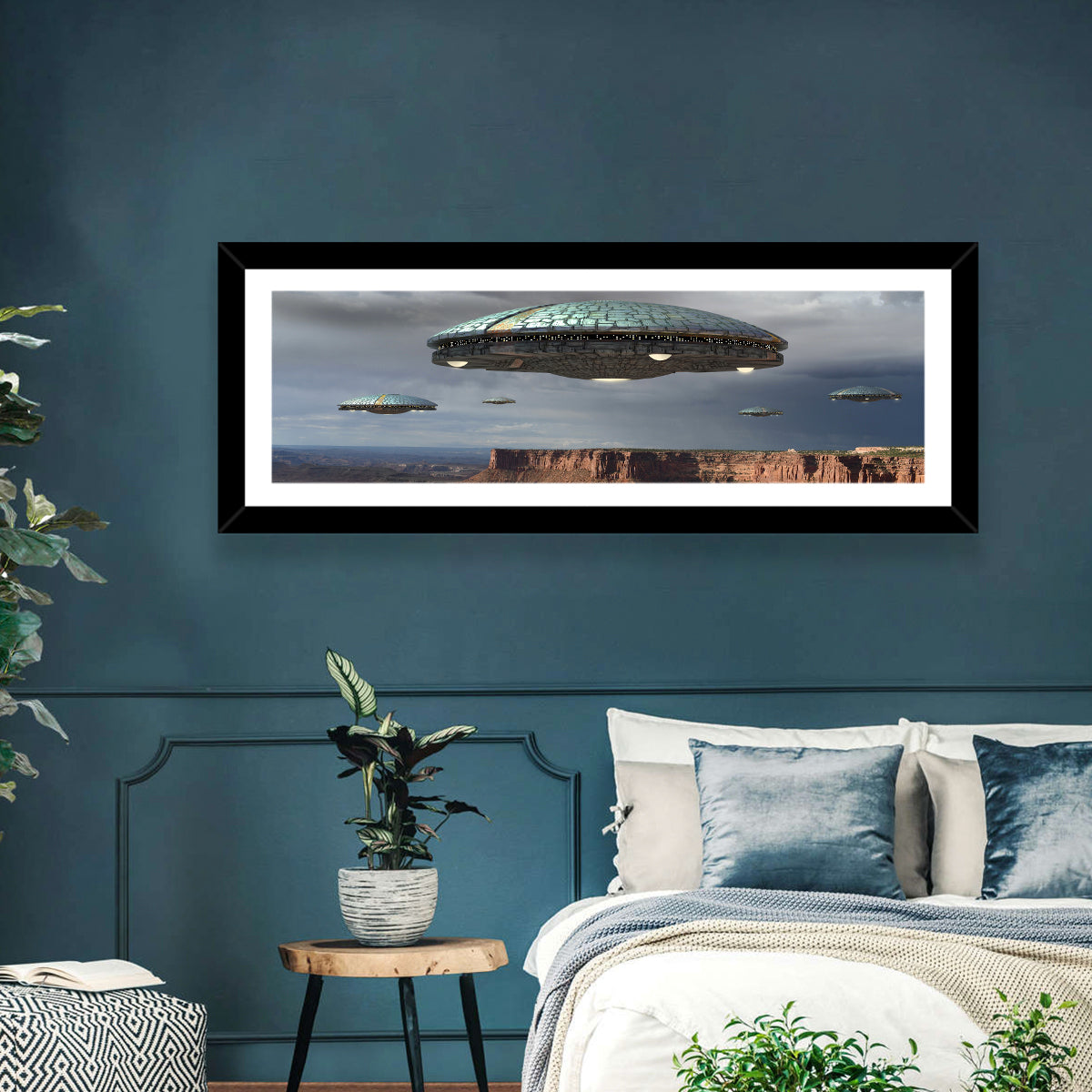 Ufos Over Stormy Canyon Wall Art in a room, panoramic