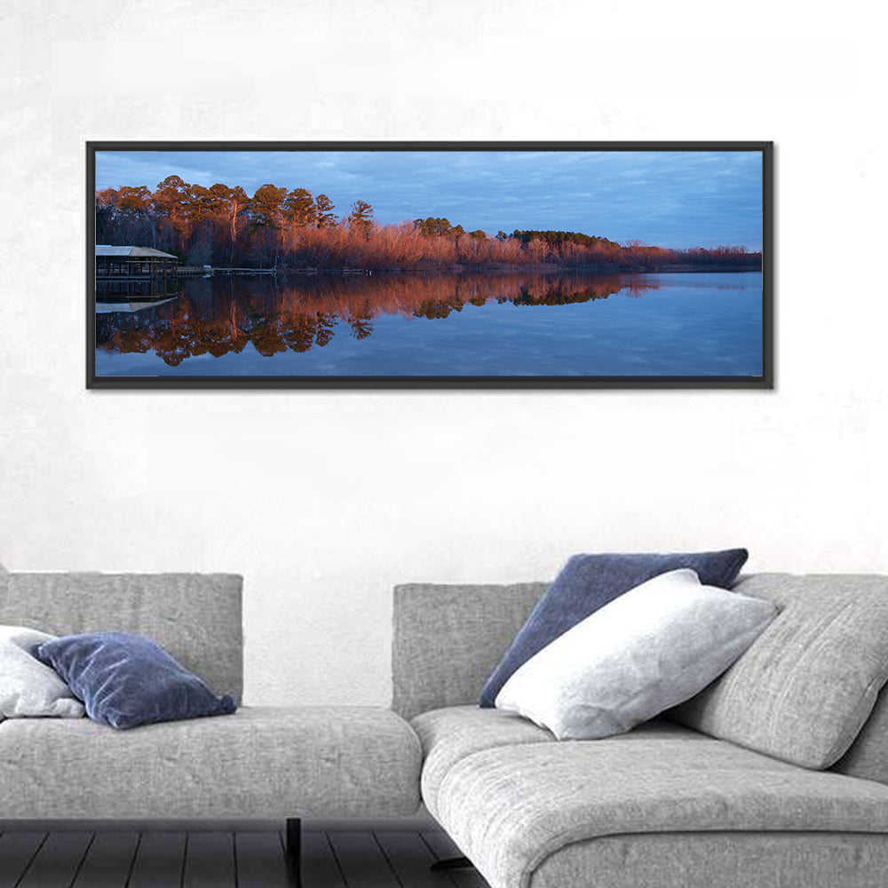 Lake Livingston Pier at Golden Hour Wall Art in a room, panoramic