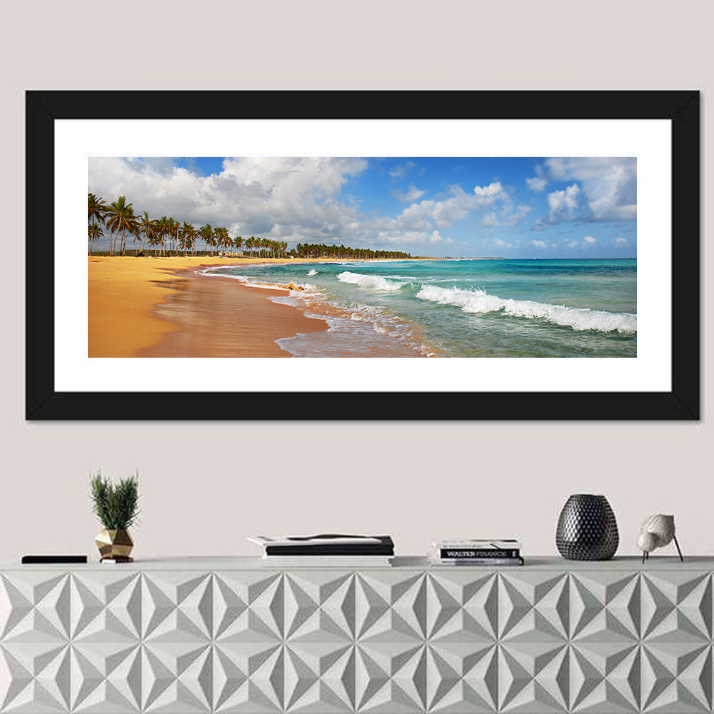 Palm Lined Tropical Coast Wall Art in a room, panoramic