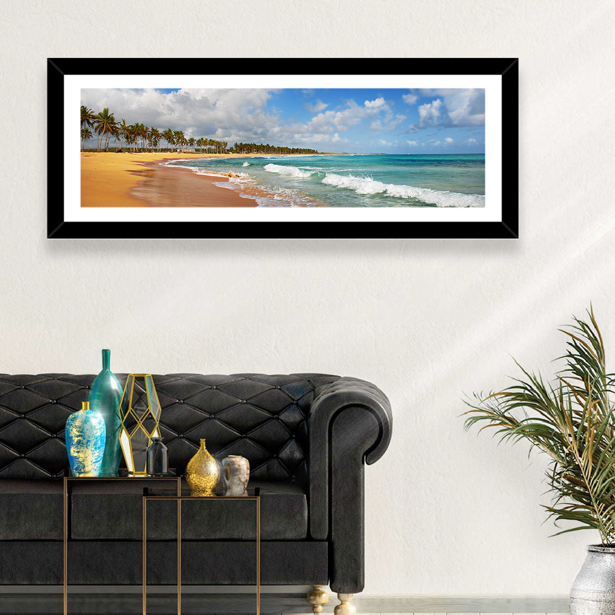 Palm Lined Tropical Coast Wall Art in a room, panoramic