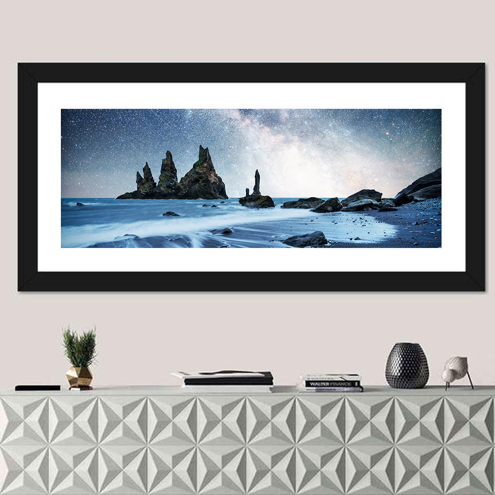Reynisdrangar Sea Stacks Night Wall Art in a room, panoramic