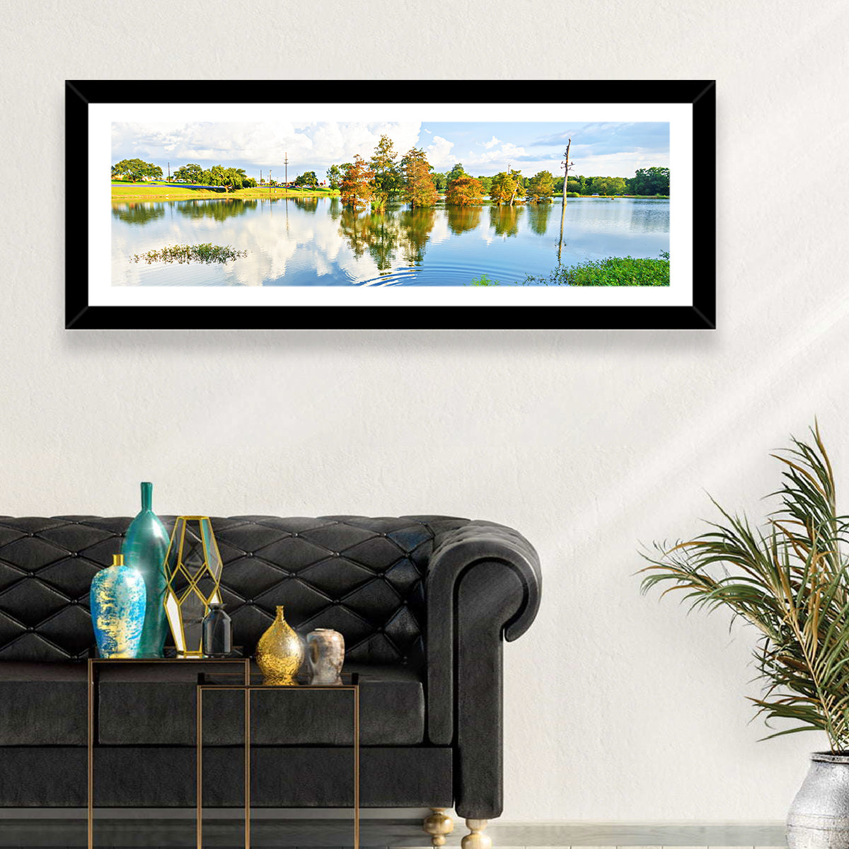 Lafayette Bayou Reflection Wall Art in a room, panoramic
