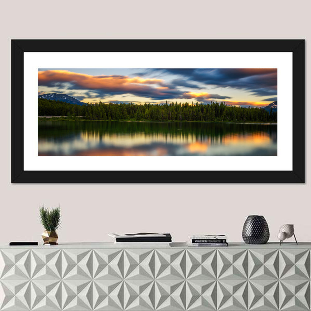 Herbert Lake Sunset Reflection Wall Art in a room, panoramic