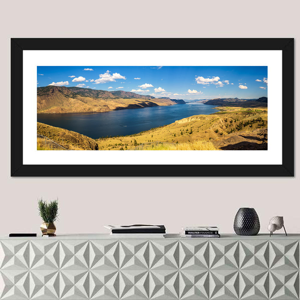 Golden Grass at Kamloops Lake Wall Art in a room, panoramic