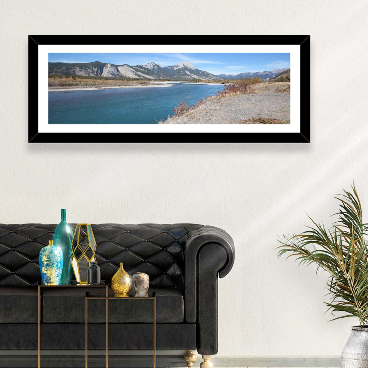 Mount Aeolus Over Athabasca Riverbank Wall Art in a room, panoramic