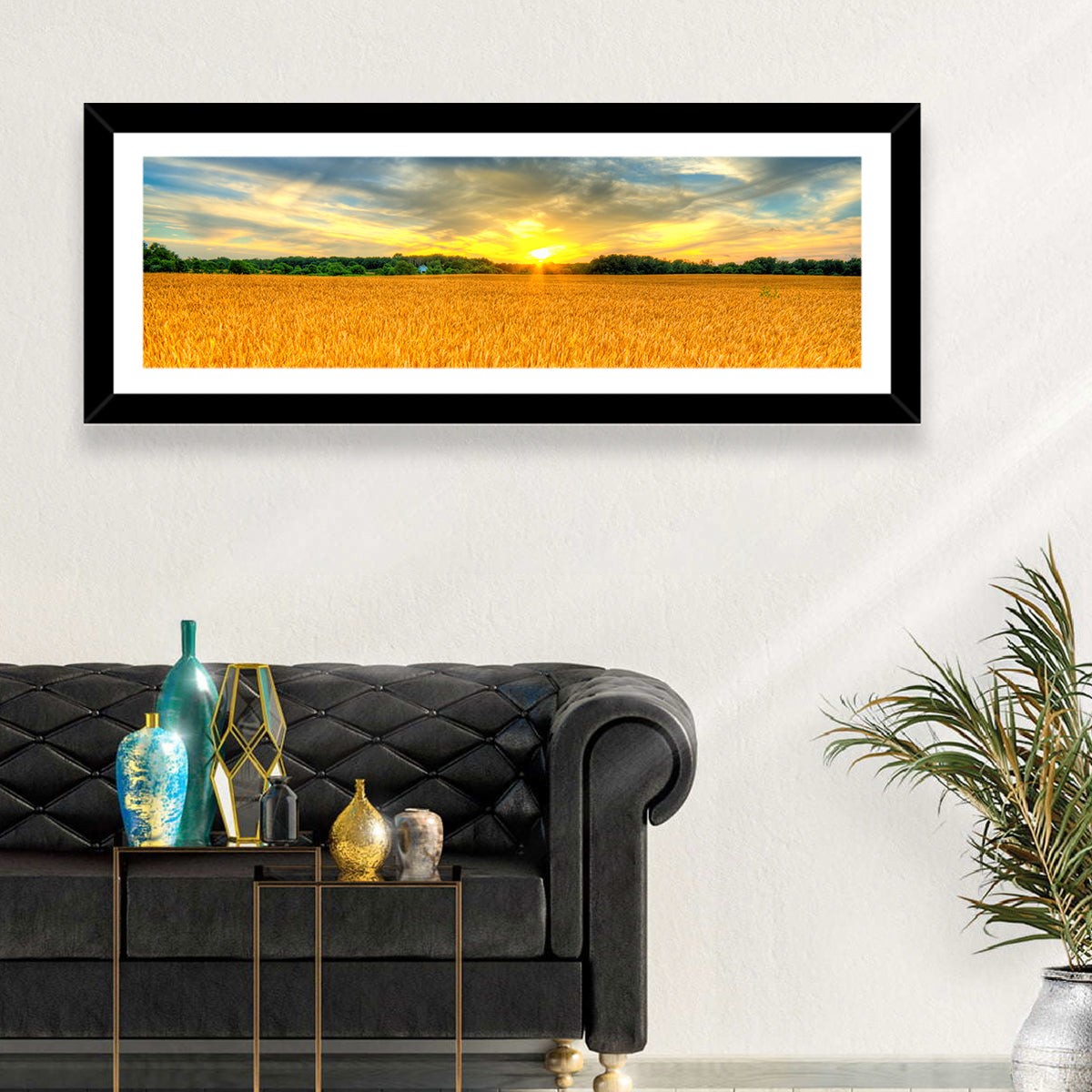Wheat Field Sunset Wall Art in a room, panoramic