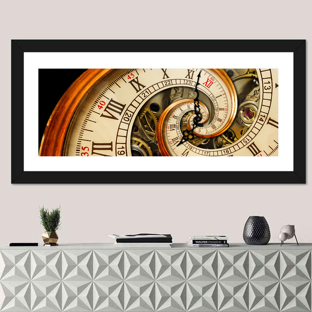 Antique Spiral Clock Face Wall Art in a room, panoramic