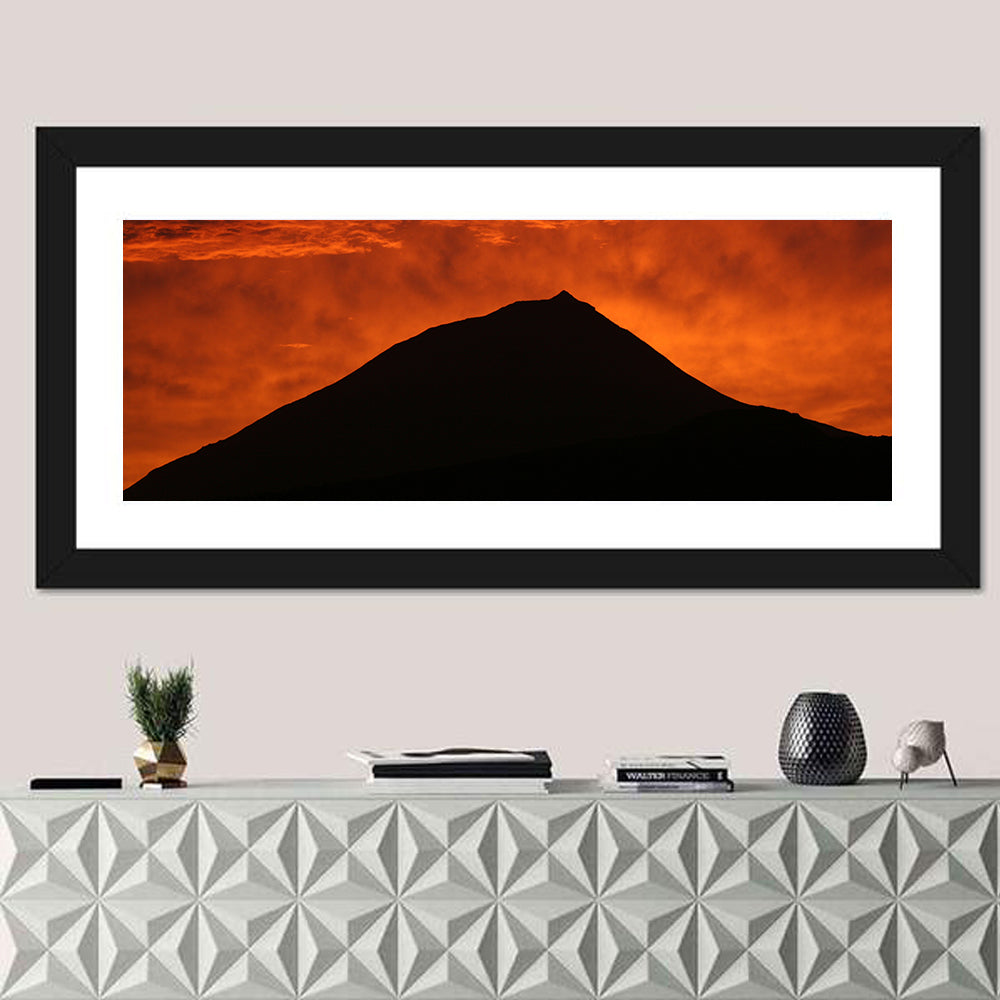 Pico Island Volcano Silhouette at Sunset Wall Art in a room, panoramic