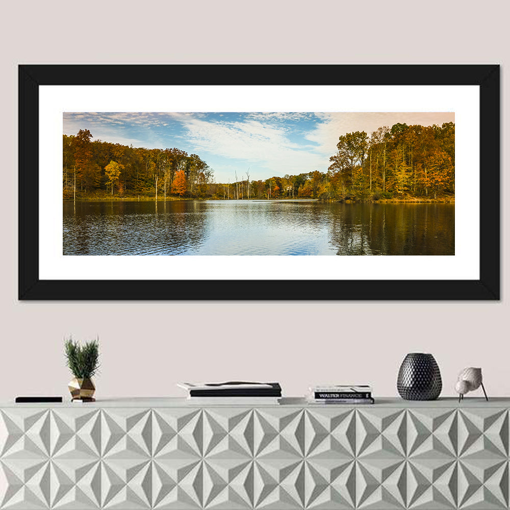 Seneca Lake Autumn Reflection Wall Art in a room, panoramic