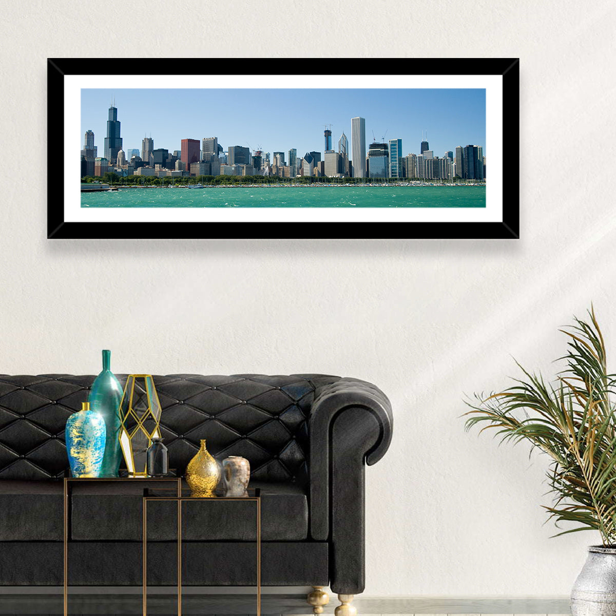 Chicago Skyline with Willis Tower Wall Art in a room, panoramic