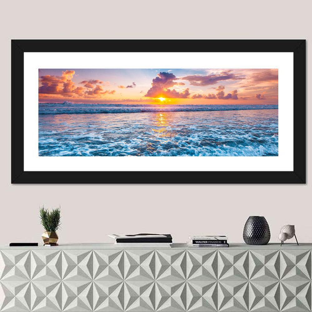 Sunburst Ocean Wave Wall Art in a room, panoramic