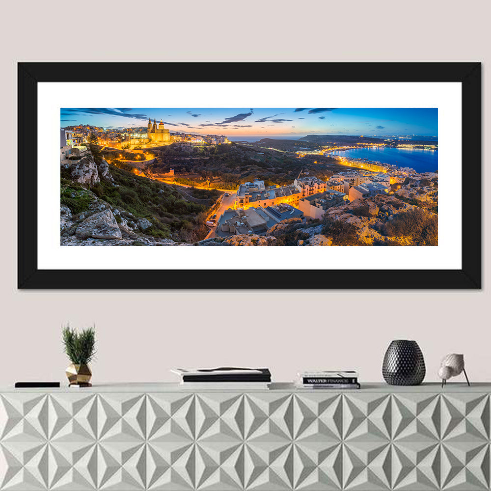 Mellieha Bay at Dusk Wall Art in a room, panoramic