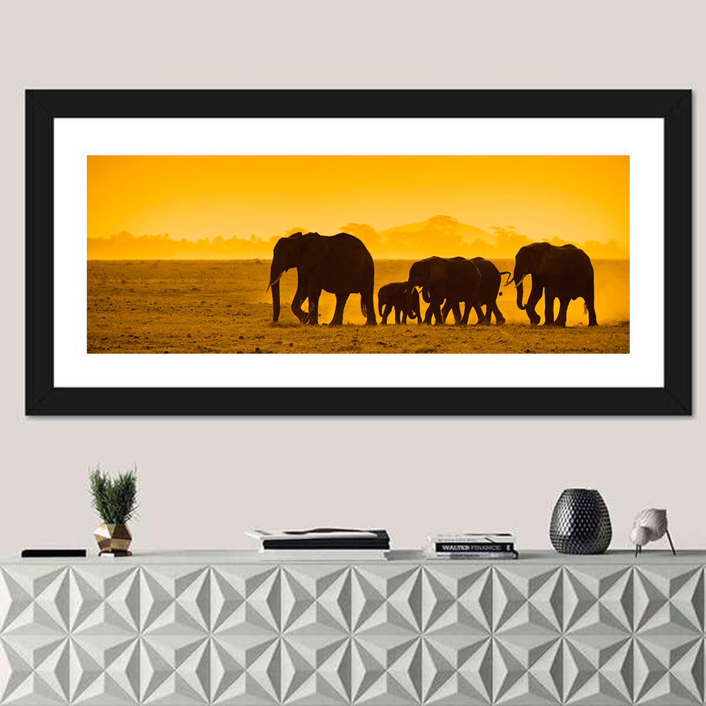 Elephant Family Silhouette Wall Art in a room, panoramic