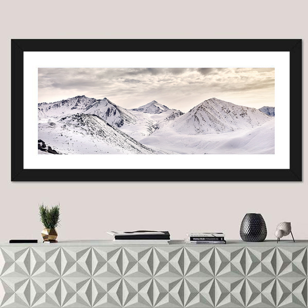 Zaili Alatay Snow Peaks Wall Art in a room, panoramic