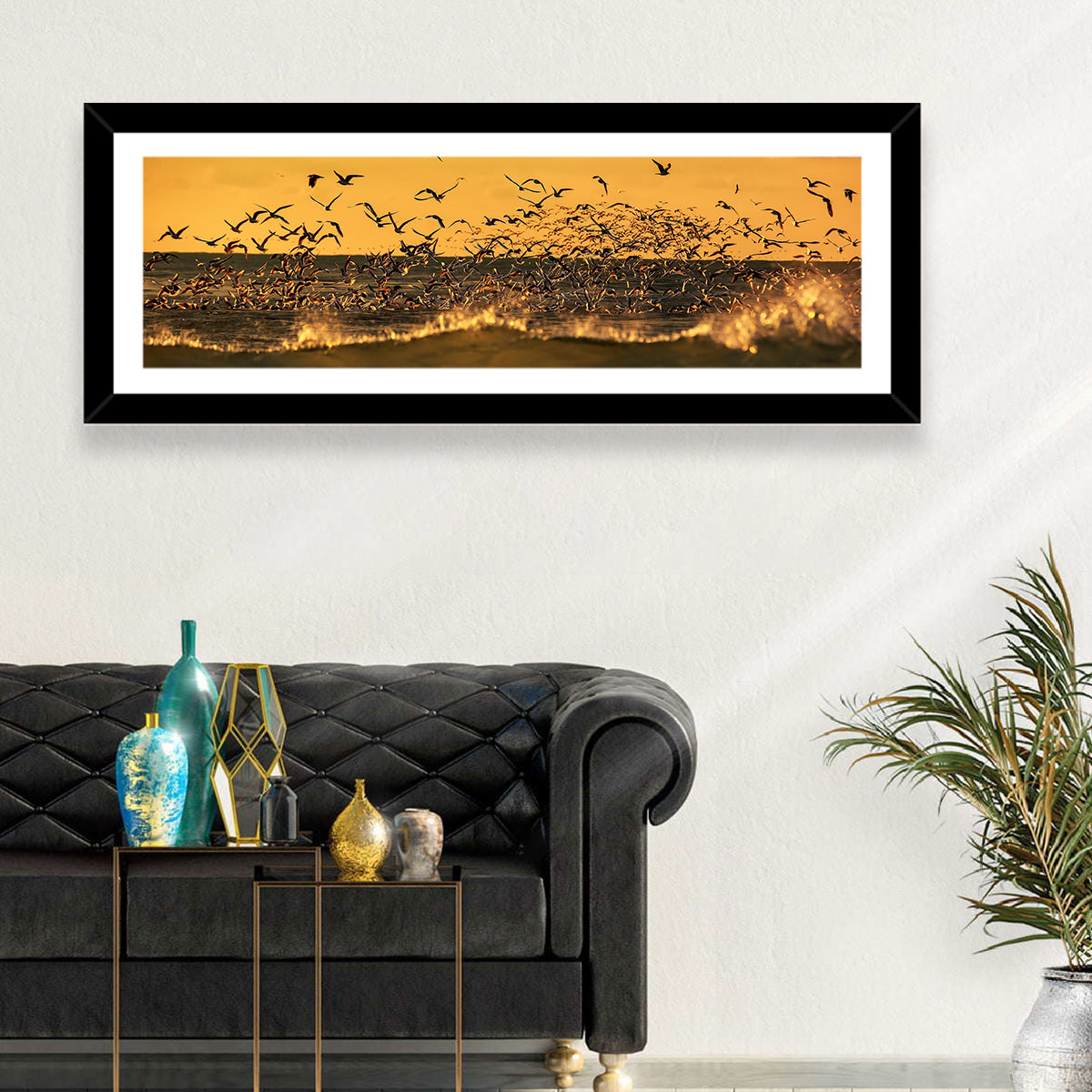 Seagull Flock at Golden Hour Wall Art in a room, panoramic
