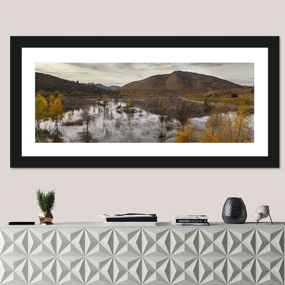 Lake Hodges Autumn Reflection Wall Art in a room, panoramic