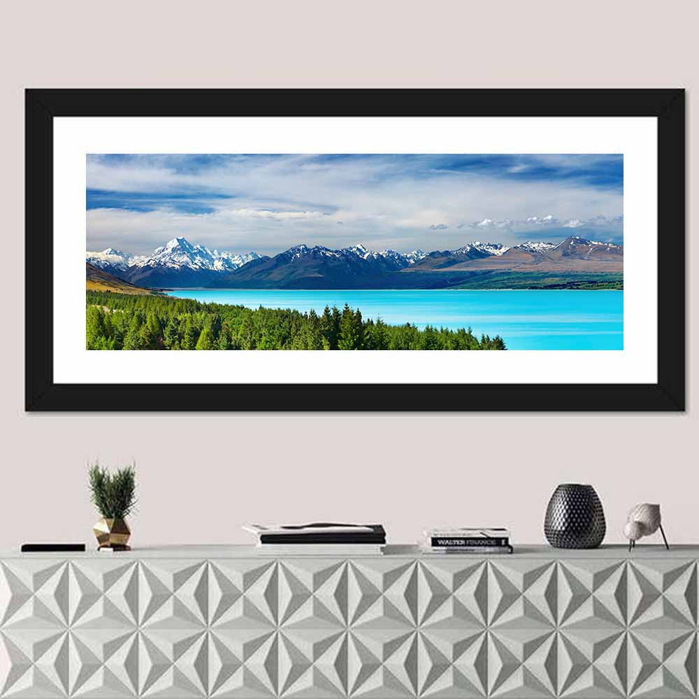 Mount Cook Over Lake Pukaki Wall Art in a room, panoramic