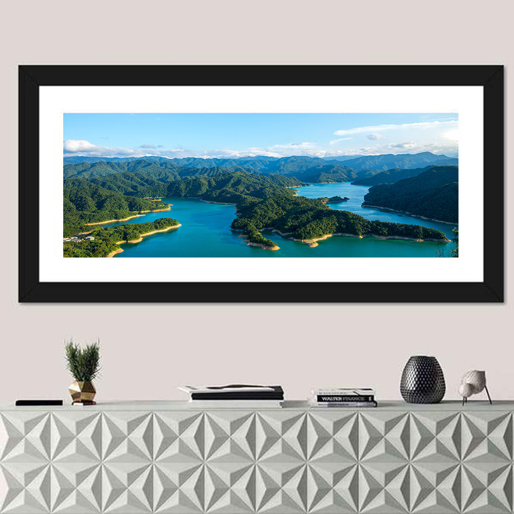 Emerald Qiandao Lake Wall Art in a room, panoramic